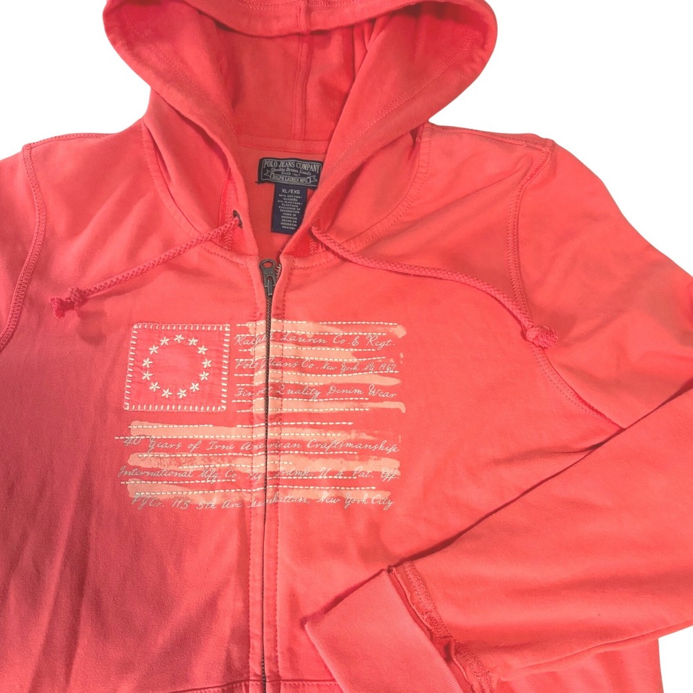 Polo Jeans Co Ralph Lauren Hoodie Womens XL Coral Full Zip American Flag Y2K